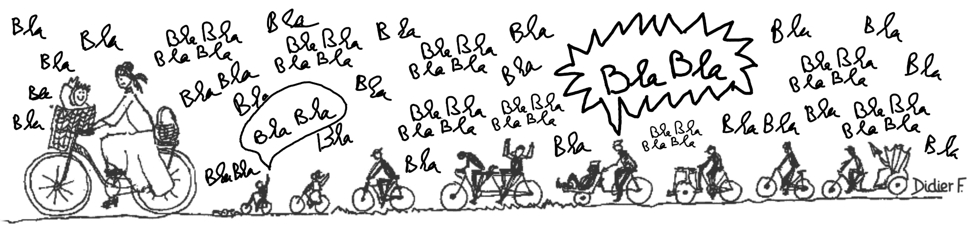 Dessin de vélos en tous genres avec cyclistes discutant (texte: bla bla bla etc.)